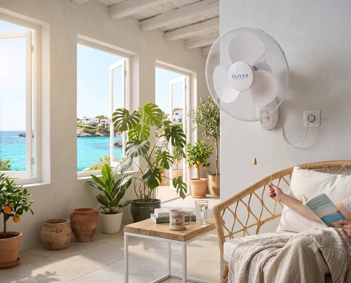 Ventilador mural Clivex instalado en un salón con vistas al mar durante una ola de calor